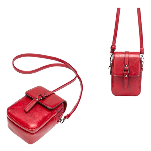 Women's Vintage Style Red Leather Crossbody Cell Phone Bag W/Tassel Decoration - Picture 7 of 7
